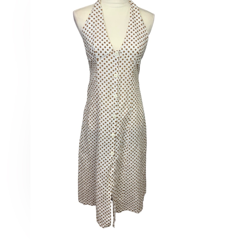 Zara Sz Small White Brown Polka Dot Halter‎ Button Front Linen A-Line Midi Dress